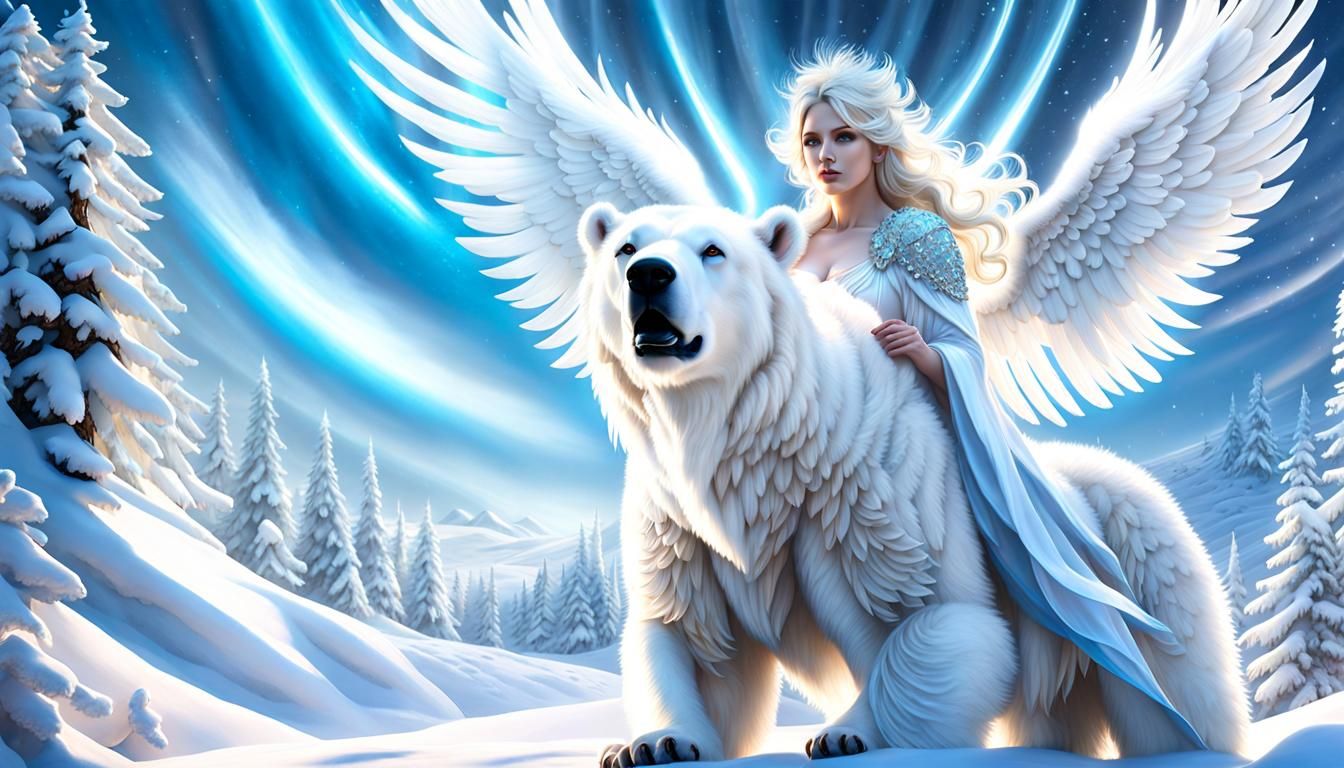 Winter Angel with Polar Bear in 3D Render