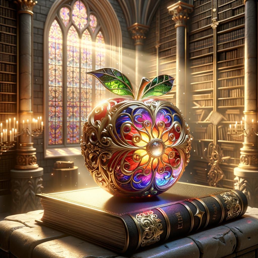 Epic Stained Glass Apple Illuminated in a Mystical Library