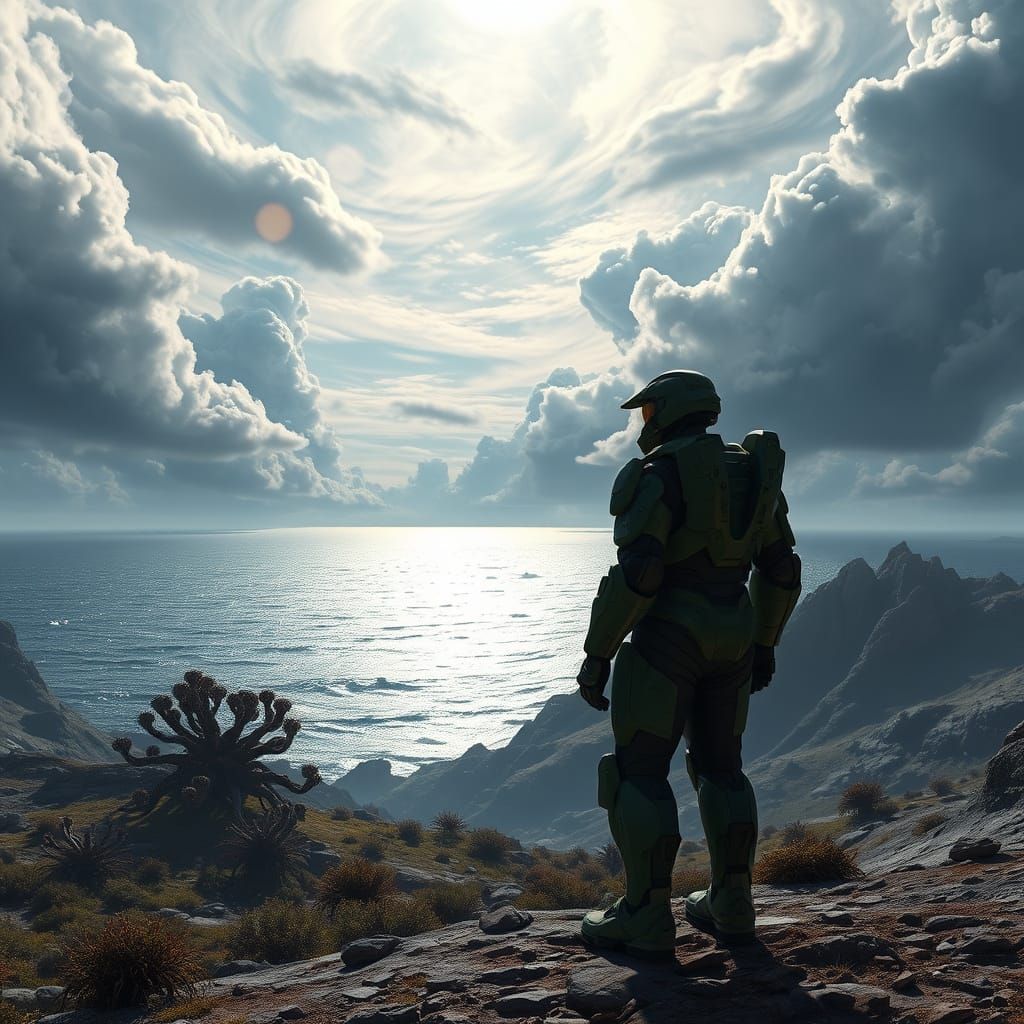 Master Chief Gazes at Alien Ocean in Hyperrealistic Style