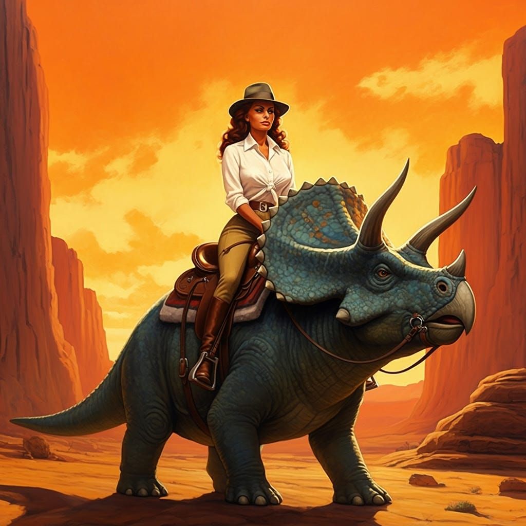 Sophia Loren Rides a Triceratops: Impressionistic Oil Painti...