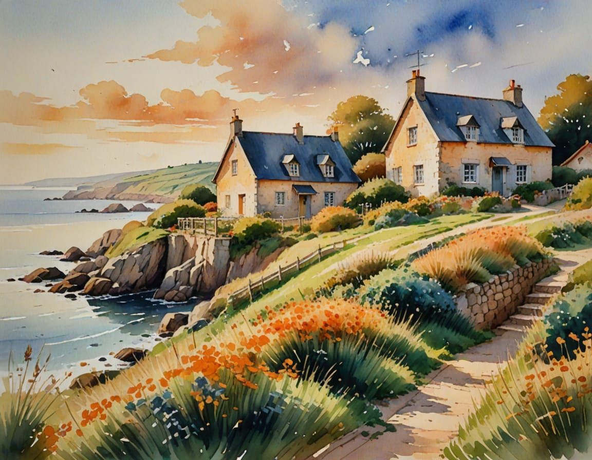 Breton Cottage Overlooking Sea: Impressionist Watercolor