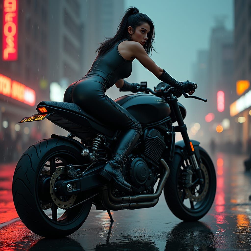 Female Biker in Cyberpunk Attire, Pointing Pistol, Amidst Ne...