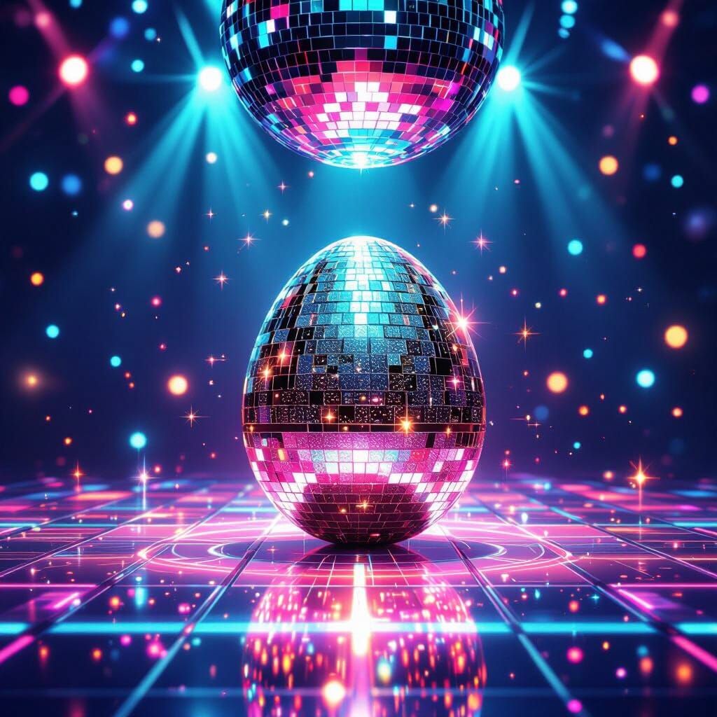 Glittering Disco Egg on Dancefloor with Neon Lights