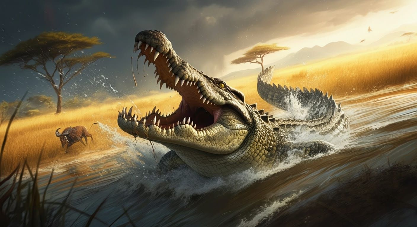 Crocodile Attack on Wildebeest in African Savannah