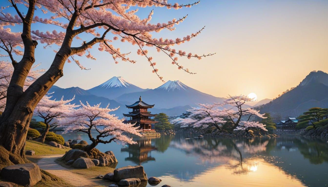 A beautiful ancient sakura tree in front of a lake. Mountains and Japanese temples in the background. A samurai smelling...