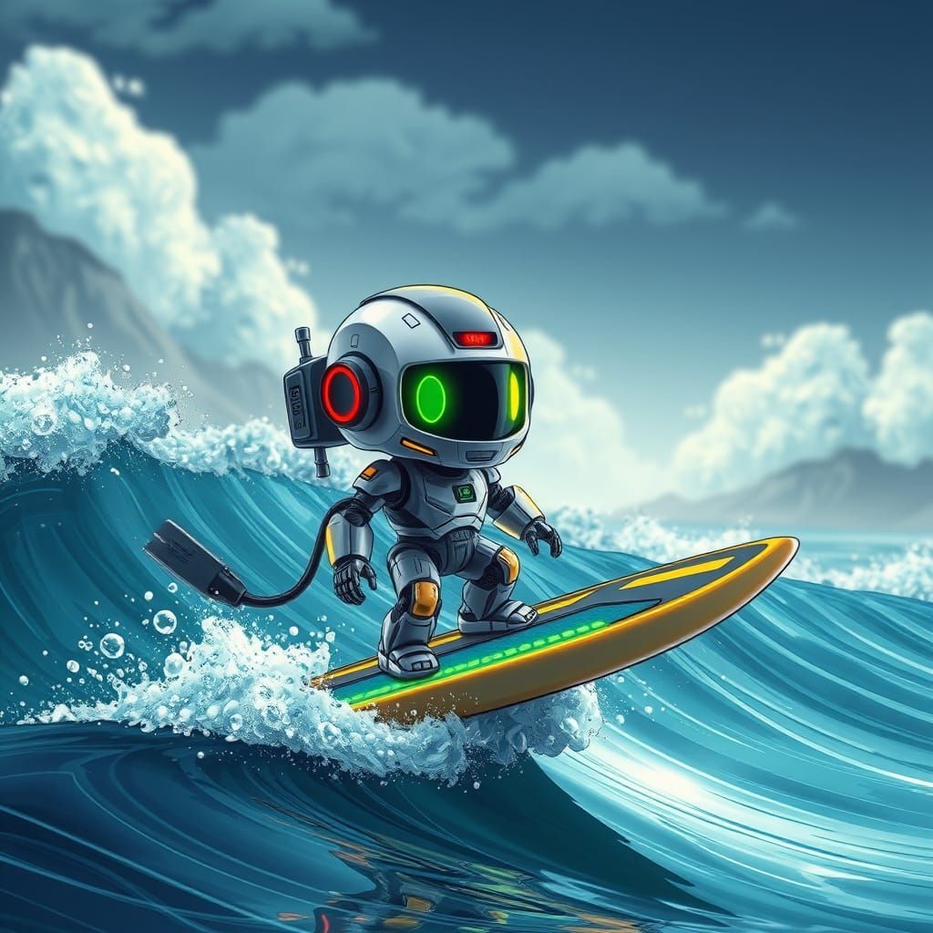 Chibi Robot Rides Cyberpunk Surfboard on Digital Waves