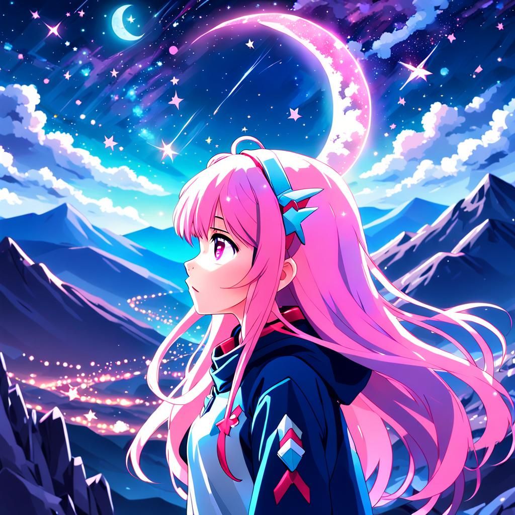 Girl Gazing at Starry Night Sky in Anime Style