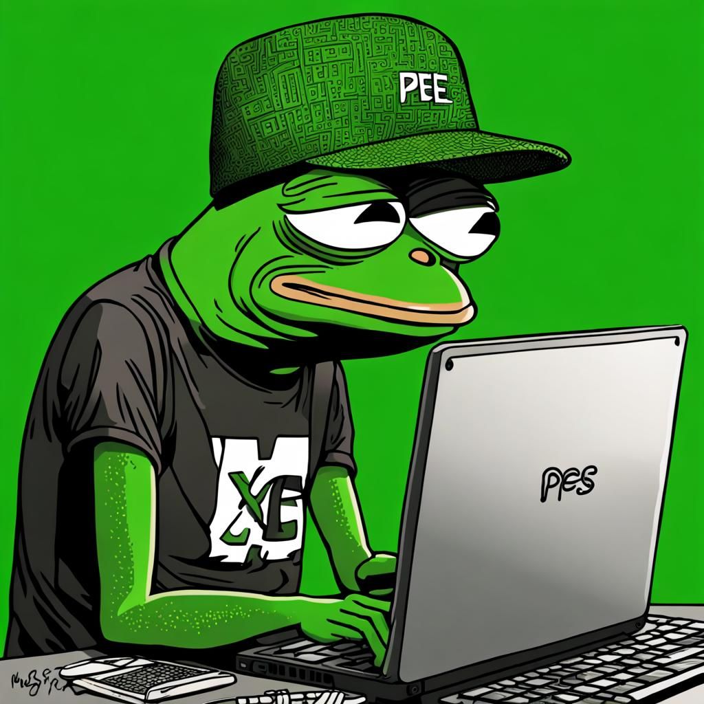 Make a meme from the front angle on a 25 y/o Pepe the frog, he is hacking his laptop he got on the desk infront of him a...