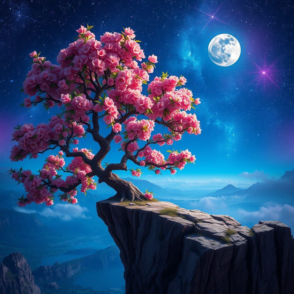 Majestic Peach Tree Under Starry Night Sky with Full Moon