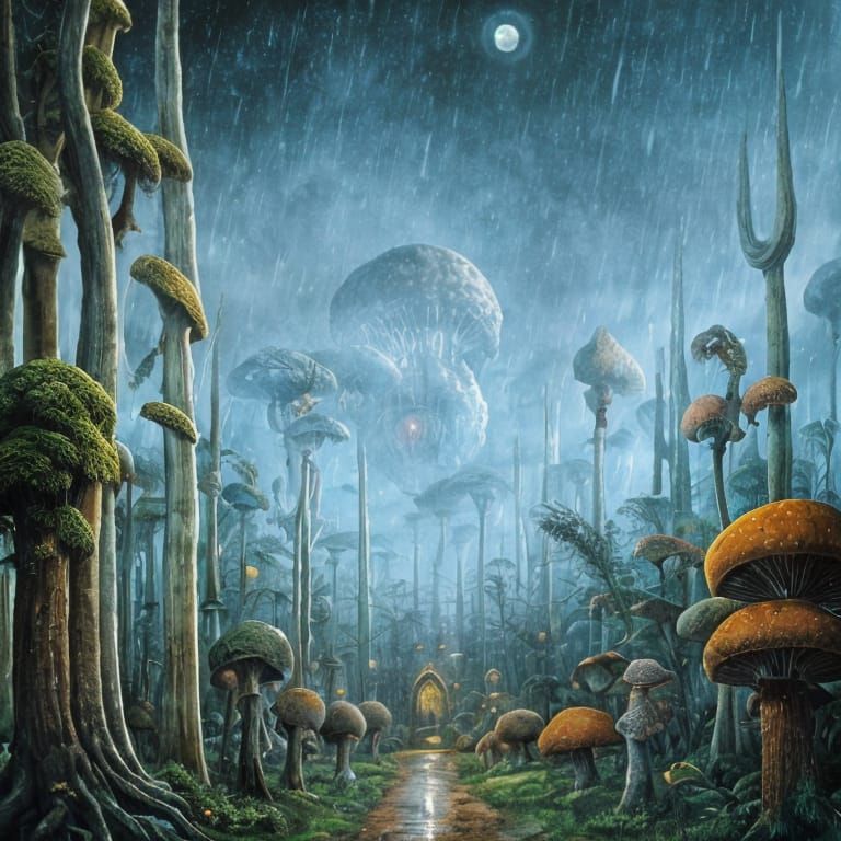 Fantasy Street Scene with Giant Mushrooms
