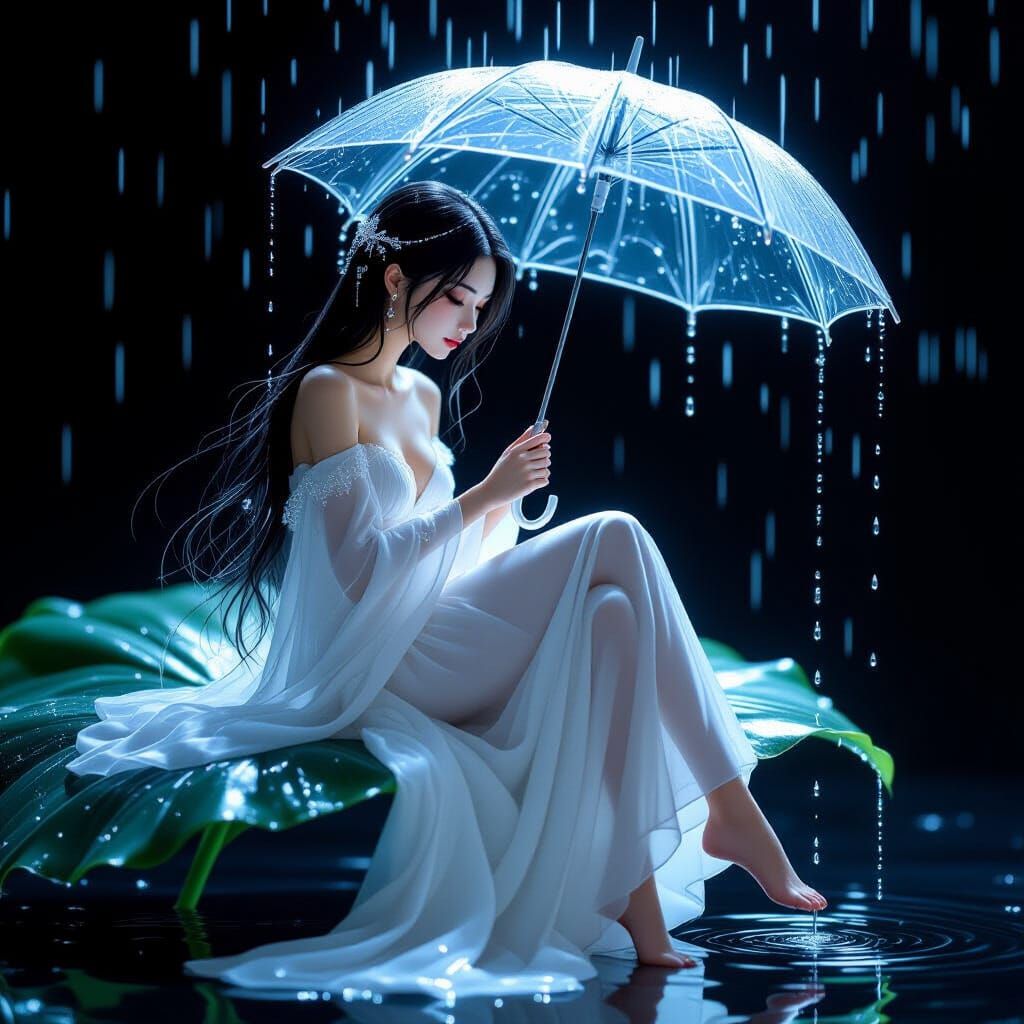 Ethereal Girl with Umbrella on Leaf in Art Nouveau Style