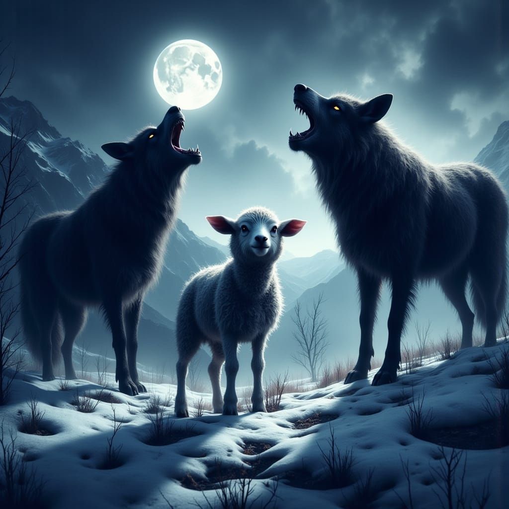 Lamb Between Wolves in Impressionist Moonlight