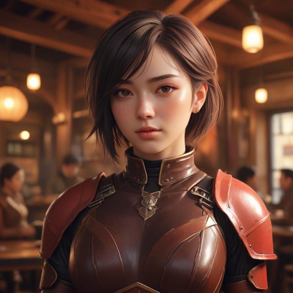 Anime-Inspired Fantasy Tavern Scene with Confident Female Wa...