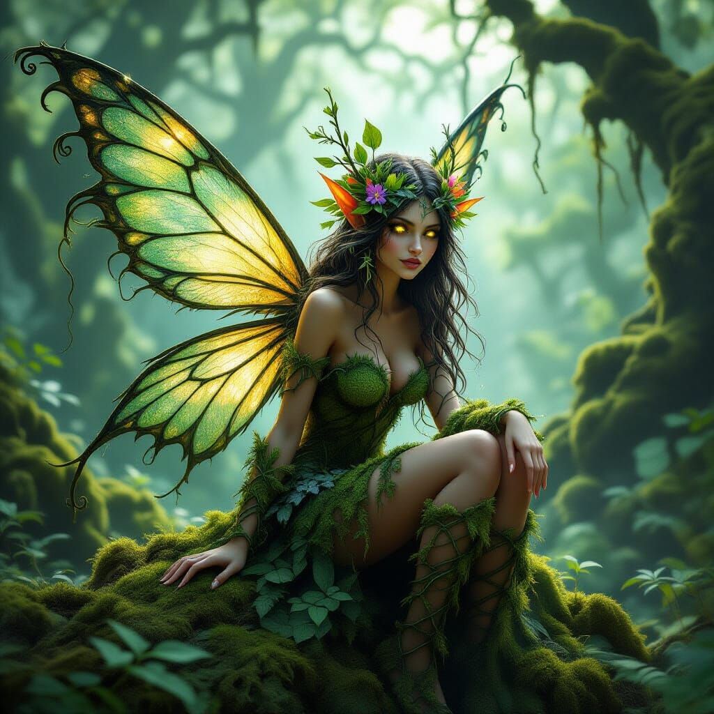 Moss Fairy in Overgrown Forest, Hyperrealistic Art
