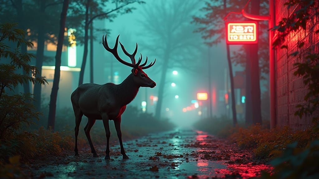 Deer in Neon City, Hyperrealistic 8k Masterpiece