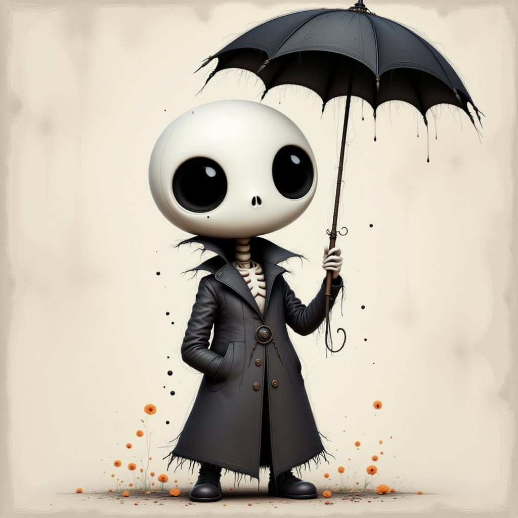 Skeleton with Umbrella in Folk Art Nouveau Style