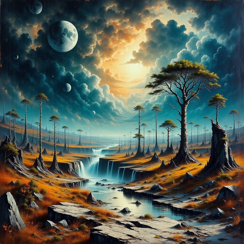 Surreal Dreamscape with Melting Skies and Distorted Terrain