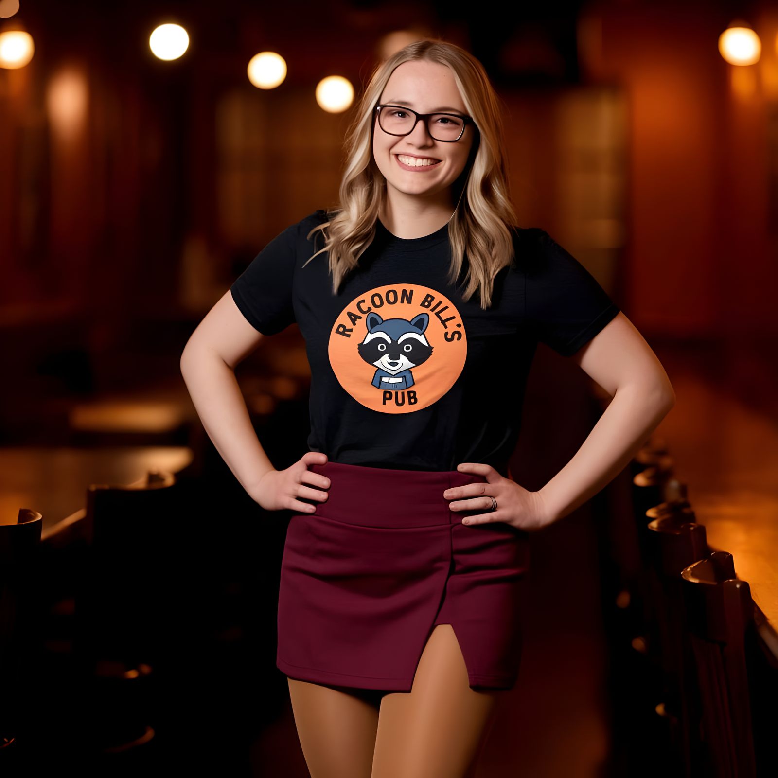 Confident Blonde Barmaid in Cozy College Pub