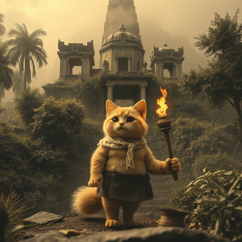Sepia Photo: Cat Adventurer at Forgotten Temple
