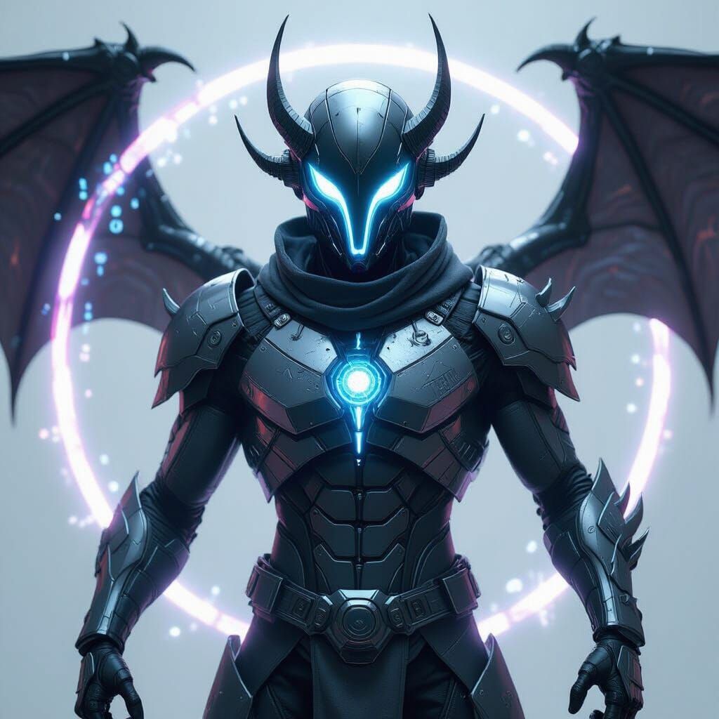 Futuristic Being Omnigon with Chrome Helmet and Glowing Rune...