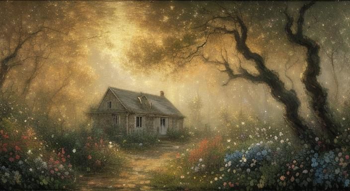 Impressionist Cottagecore Landscape in Golden Hour Light