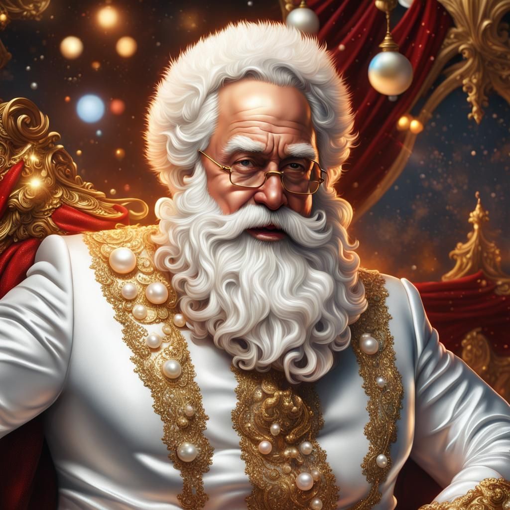 Hyperrealistic Santa in Shimmering White and Gold Suit