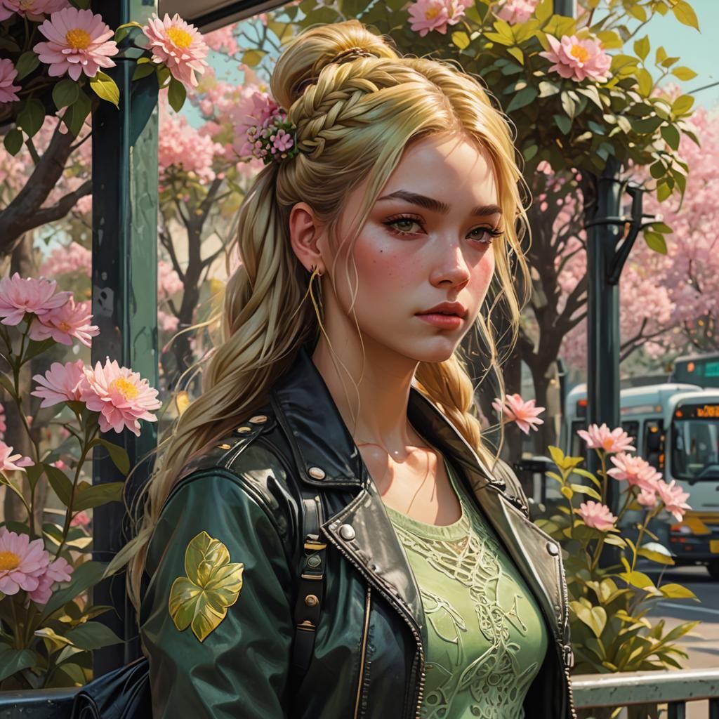 Golden Haired Girl at Bus Stop: Art Nouveau Portrait