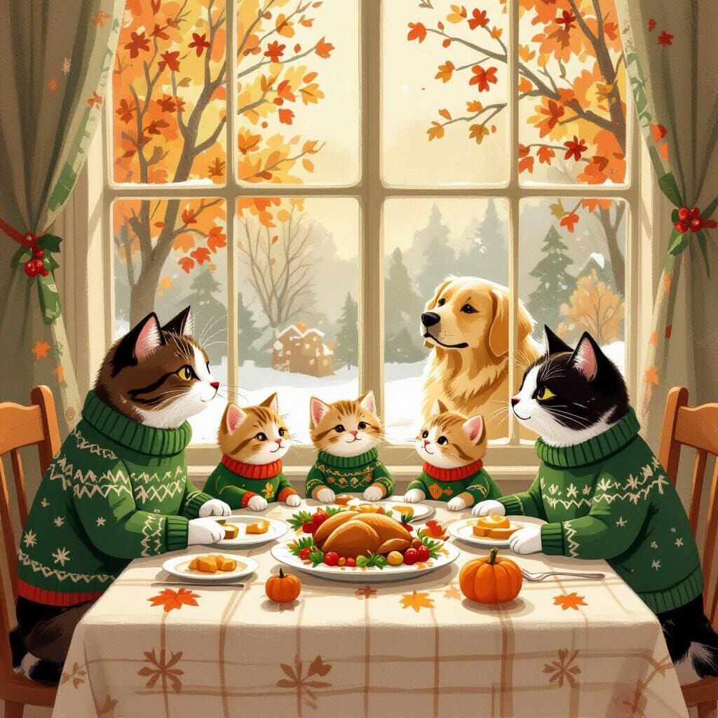 Whimsical Cat Family Thanksgiving Dinner with Golden Retriev...