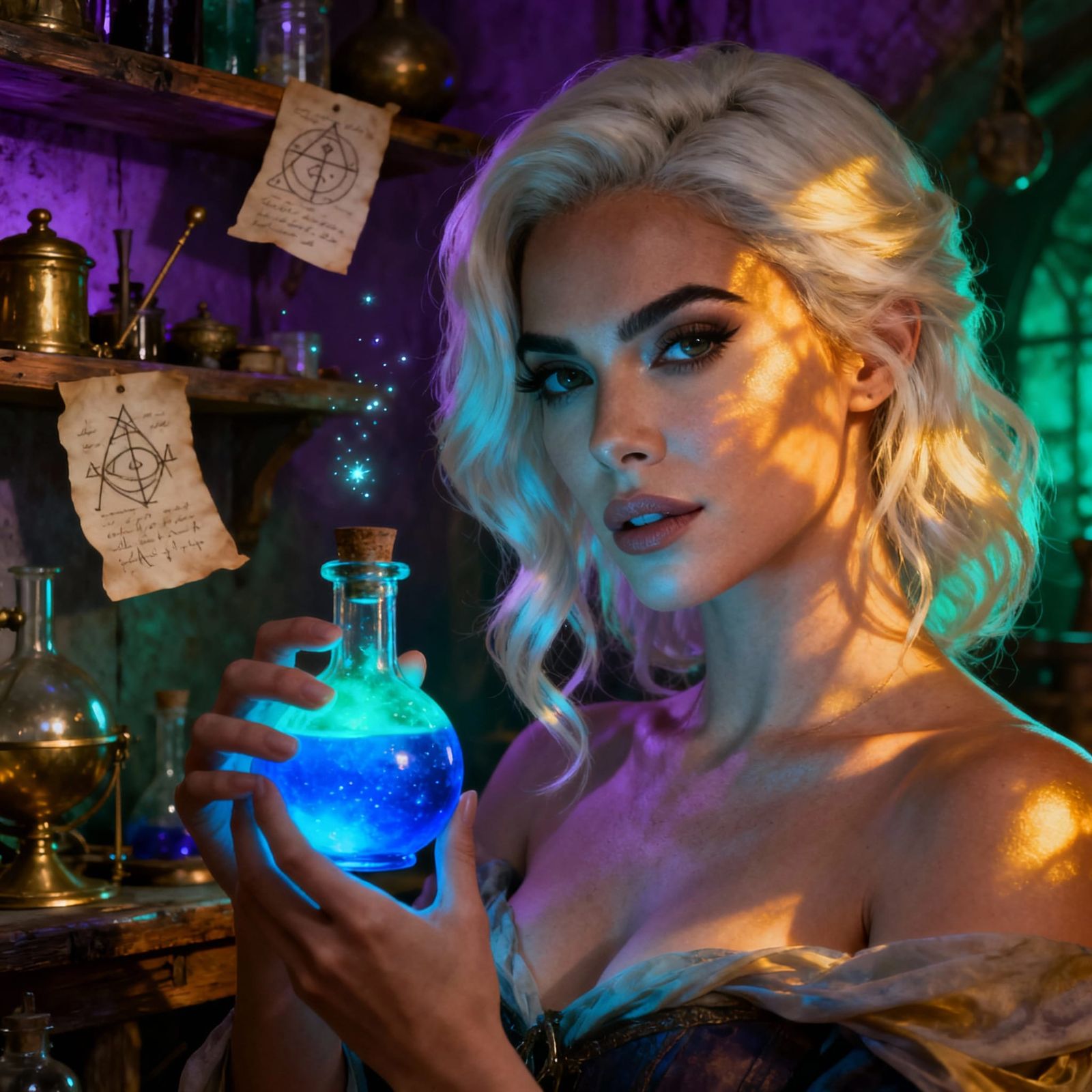 Sorceress Holds Glowing Potion in Cinematic Fantasy Portrait