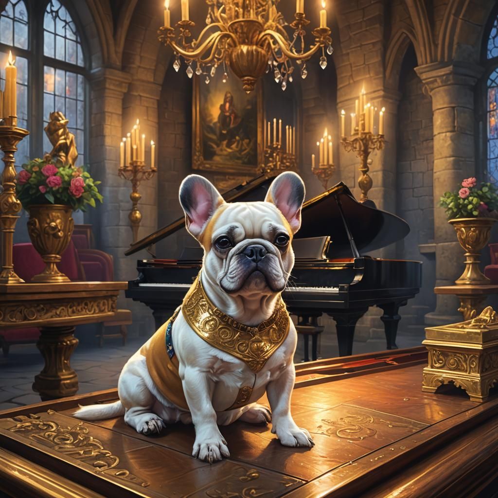 French Bulldog Plays Piano: Romantic Fantasy Oil Painting