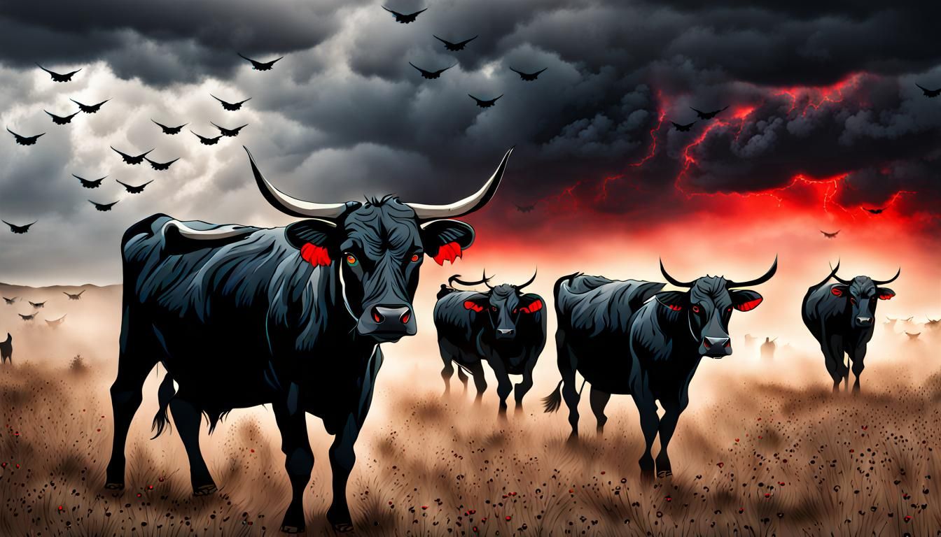 Cattle Herd Flies Across Stormy Sky