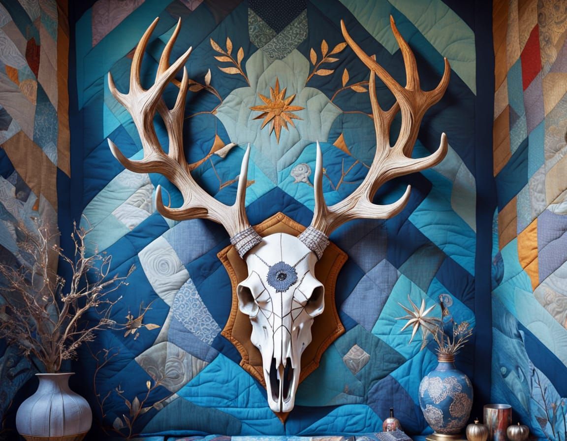 Folk Art Deer Skull in Patchwork Style