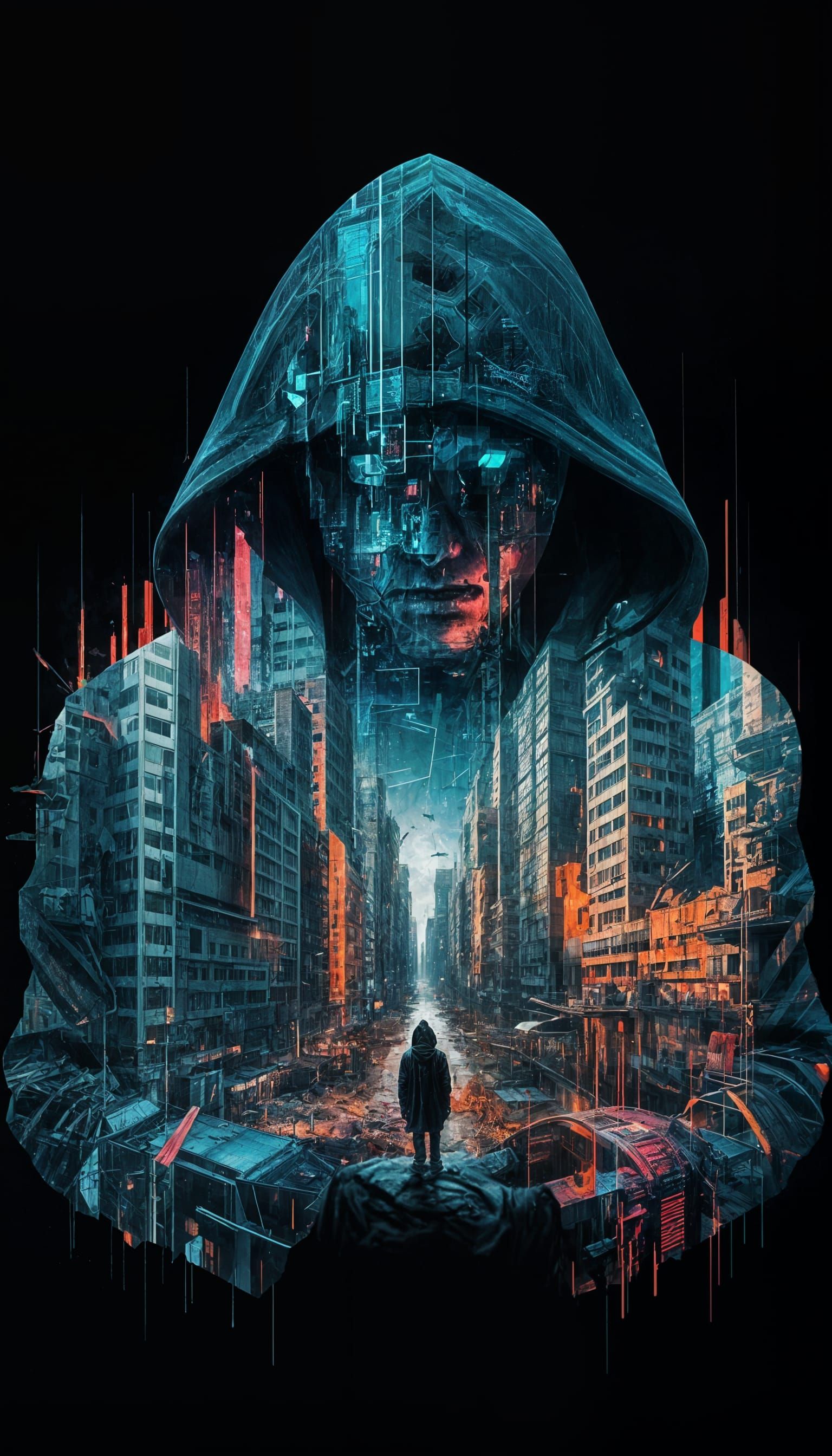 Double Exposure: Hooded Figure and Cyberpunk Mindscape