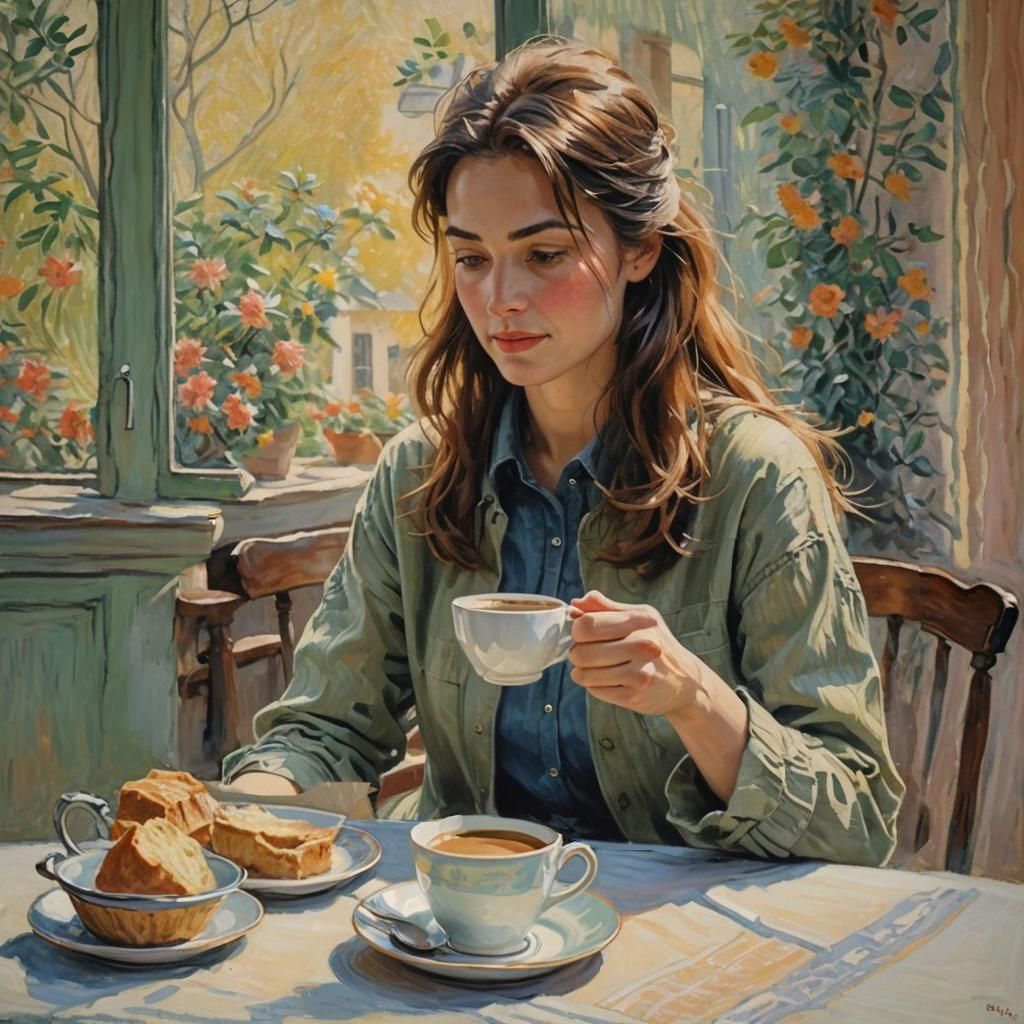Breakfast Scene: Beautiful Woman with Coffee