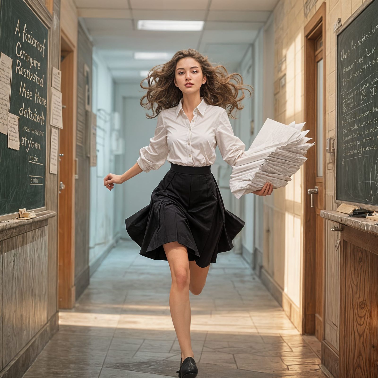 Teacher Running in Corridor, Detailed Illustration