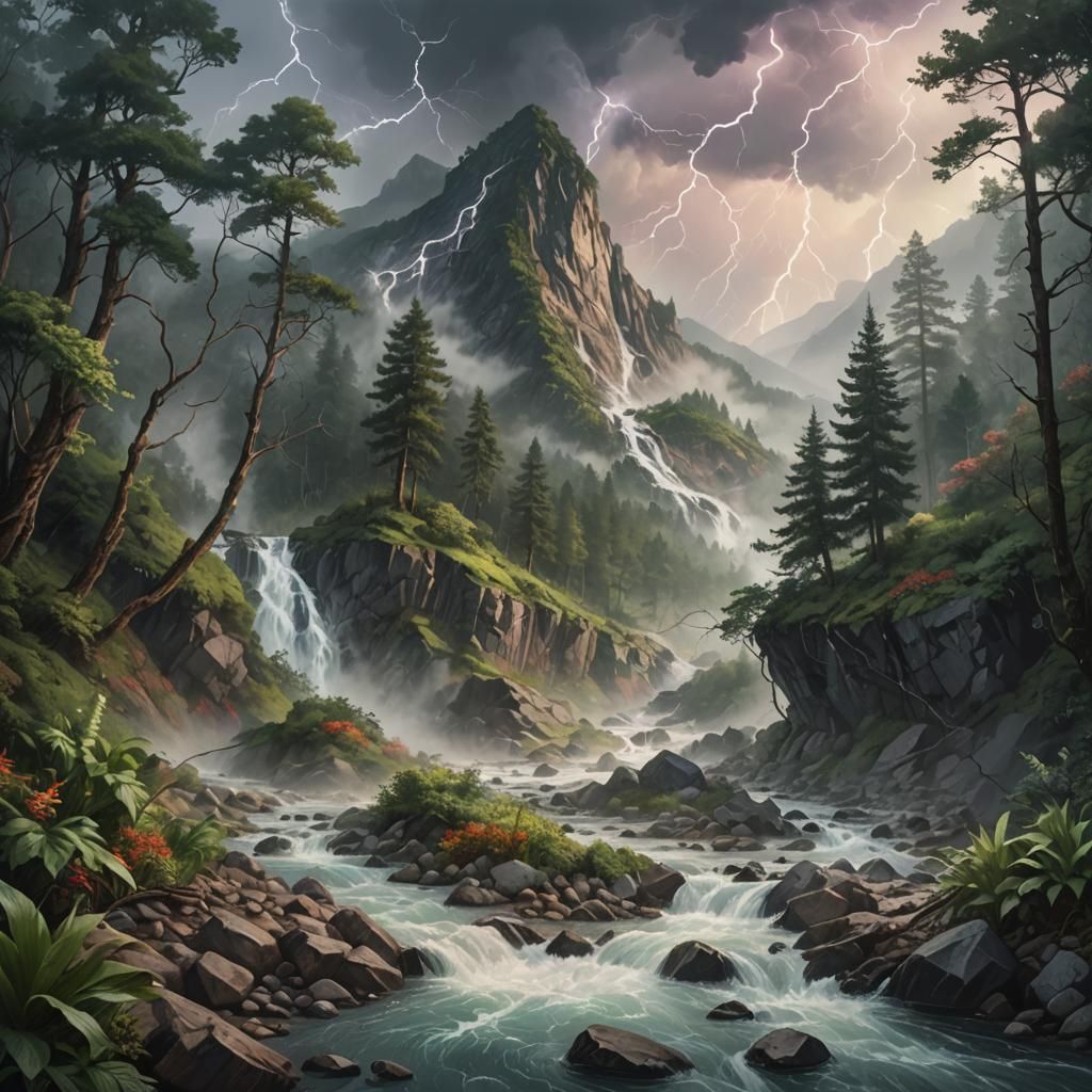 Dramatic Mountain Landscape with Lightning Strike
