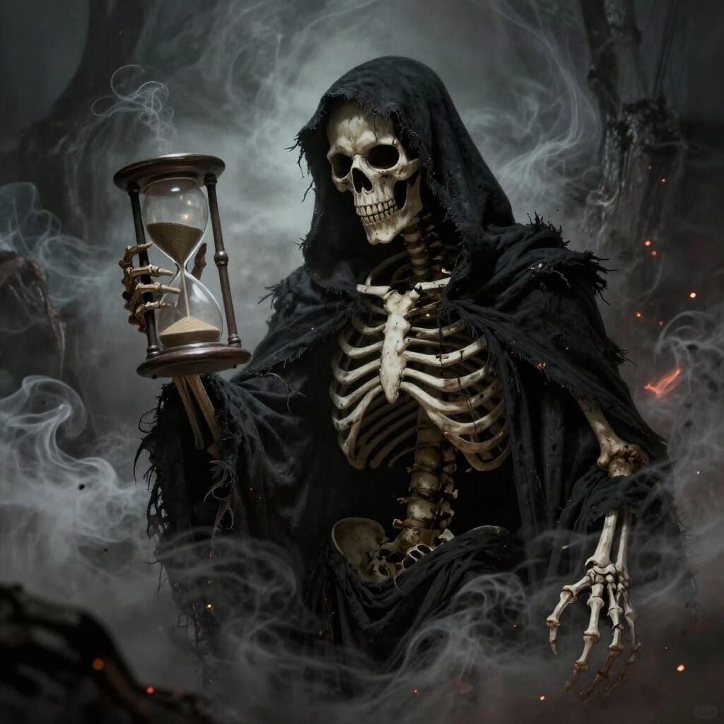 Grim Reaper Emerges from Smoke and Embers