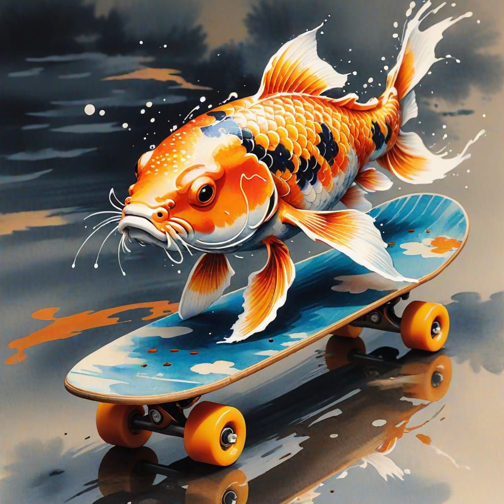 Koi Fish Rides Skateboard in Sumi-e Style