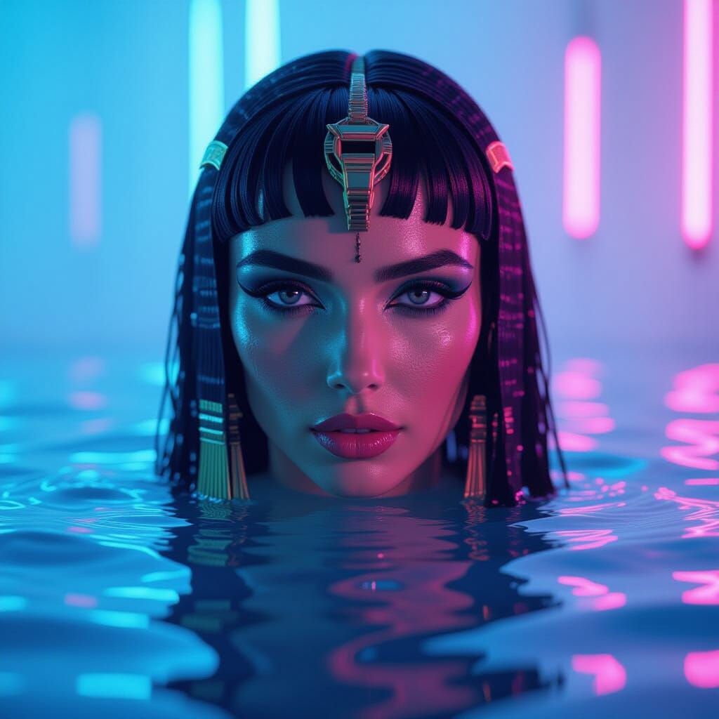 Cleopatra Submerged: Neon Reflections in a Digital Portrait