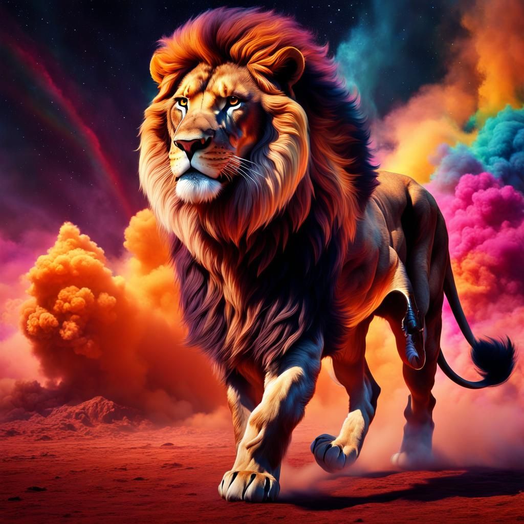 Majestic Lion Emerges from Colorful Dust Cloud