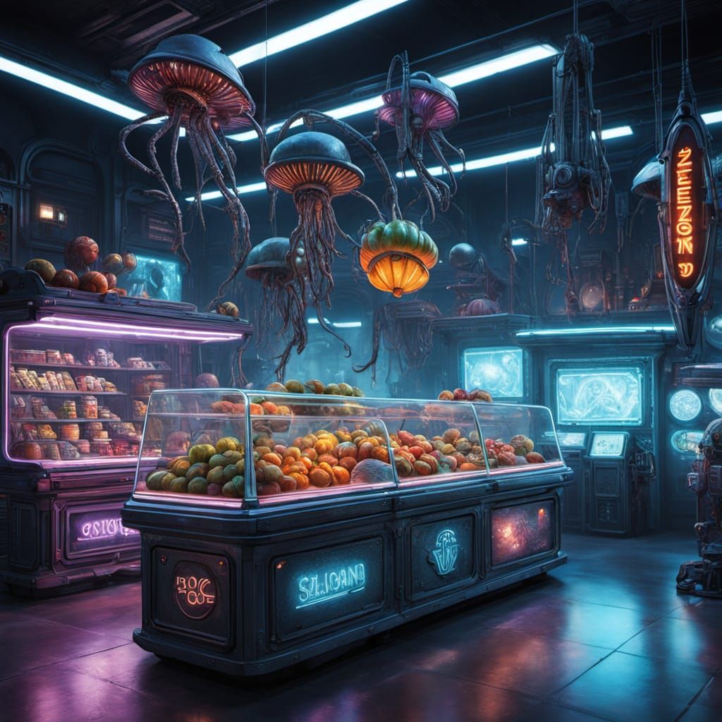 Sci-Fi Marketplace with Aliens and Mech Merchandise