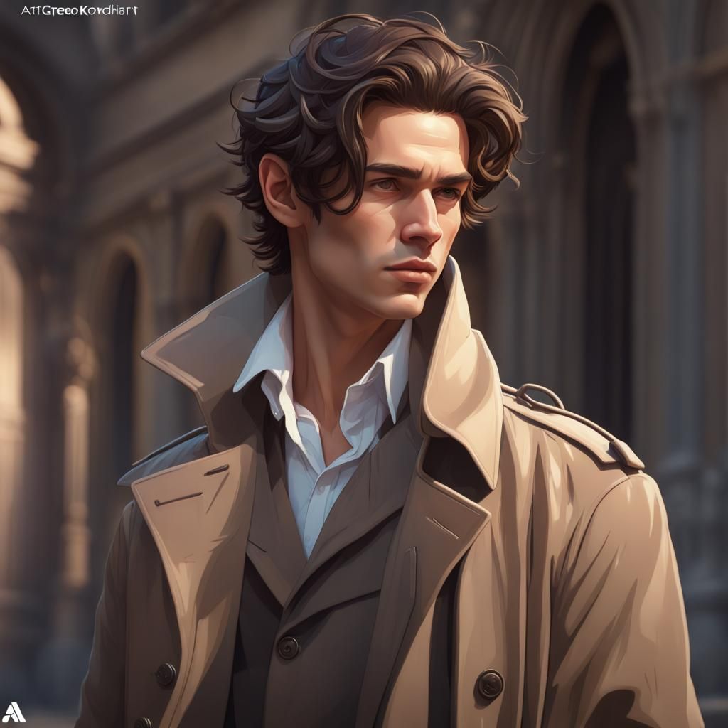 Boy in Trench Coat, Hyperdetailed Portrait