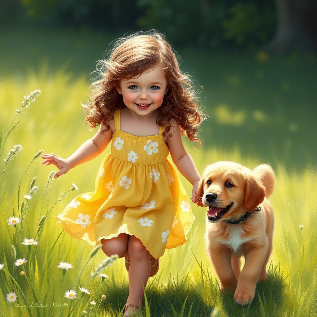 Girl and Puppy in Sunny Meadow: Sentimental Realism