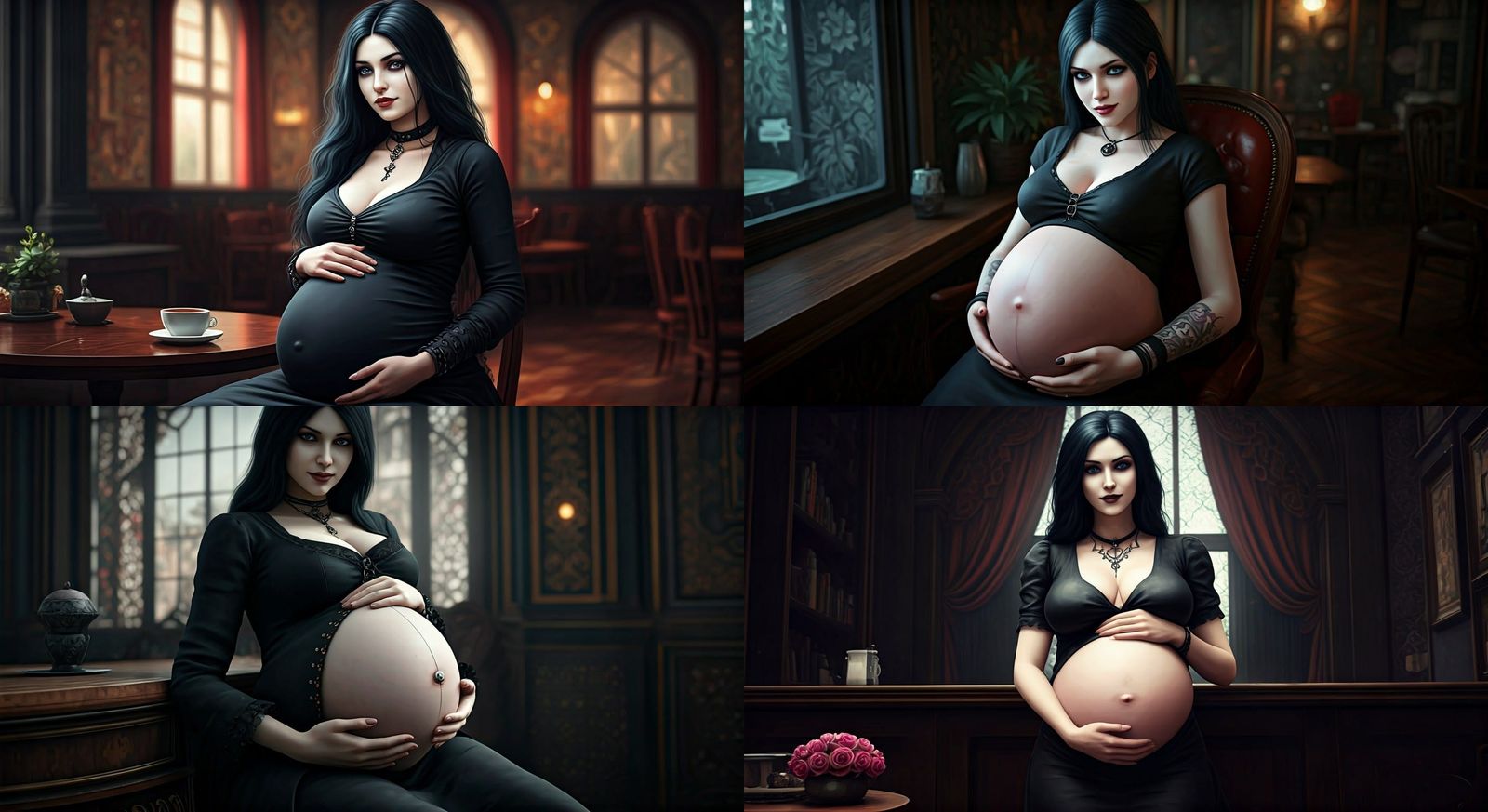 Pregnant Goth Girl in Bohemian Coffee House