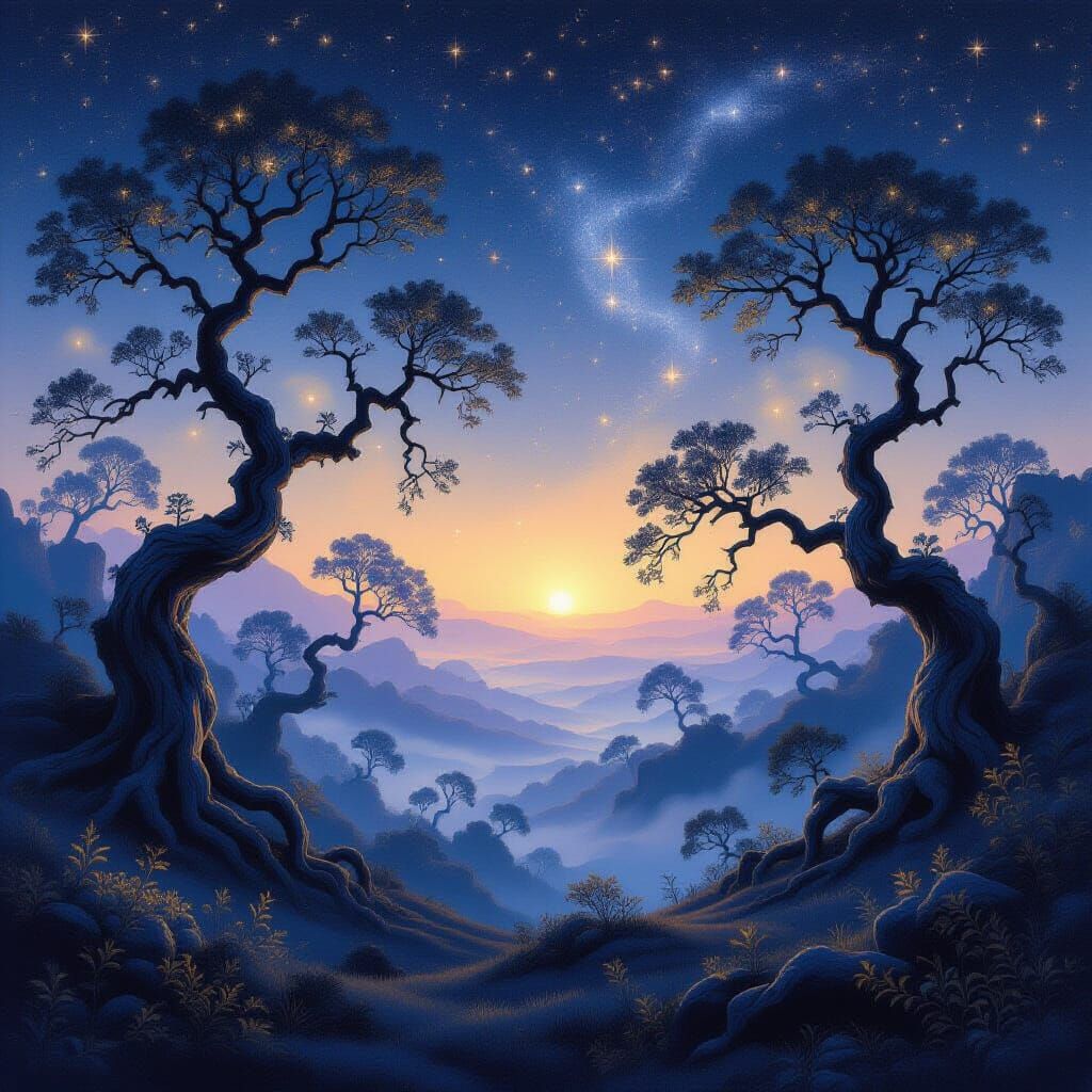 Ethereal Twilight Landscape with Ancient Trees