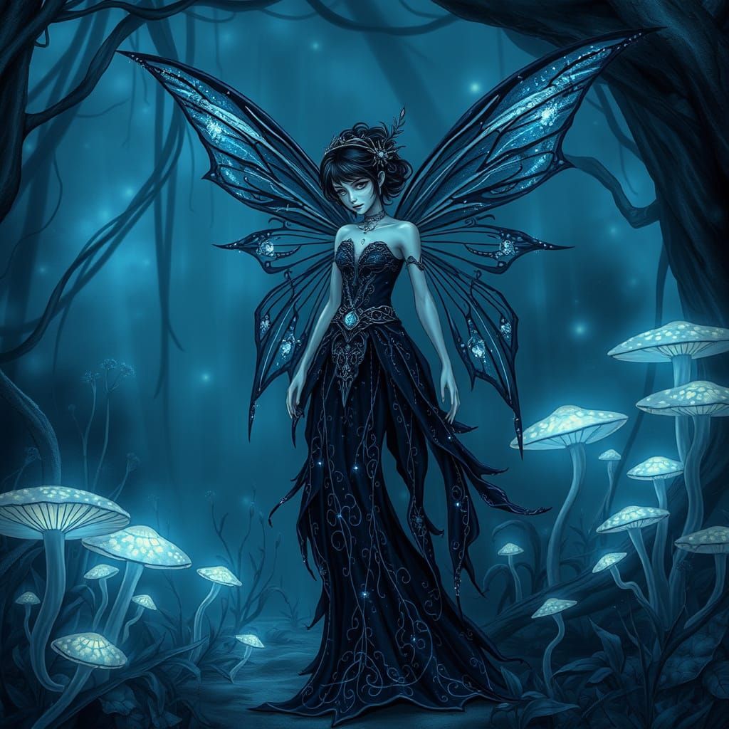 Gothic Fairy in Bioluminescent Glade, Dark Fantasy Art