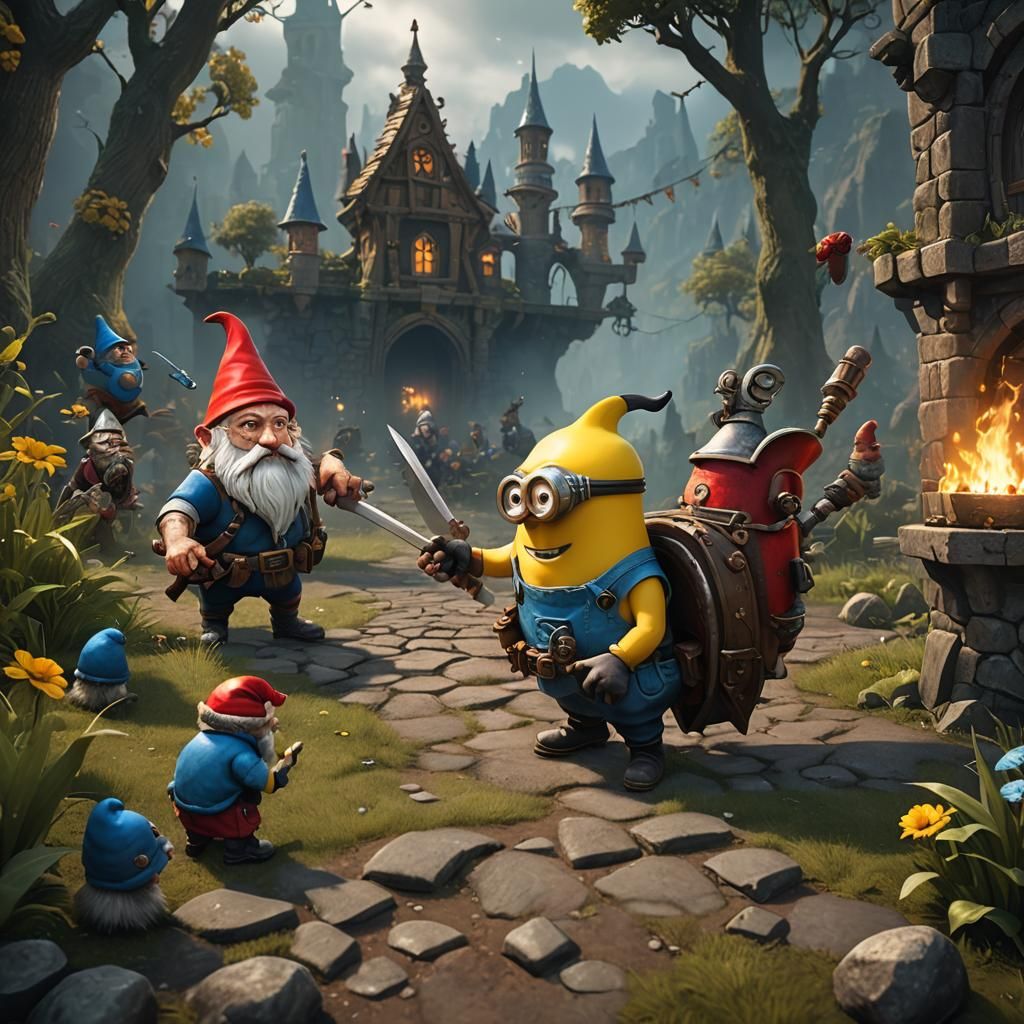 Gnome vs. Minion: Fantastical Duel in Detailed Painting