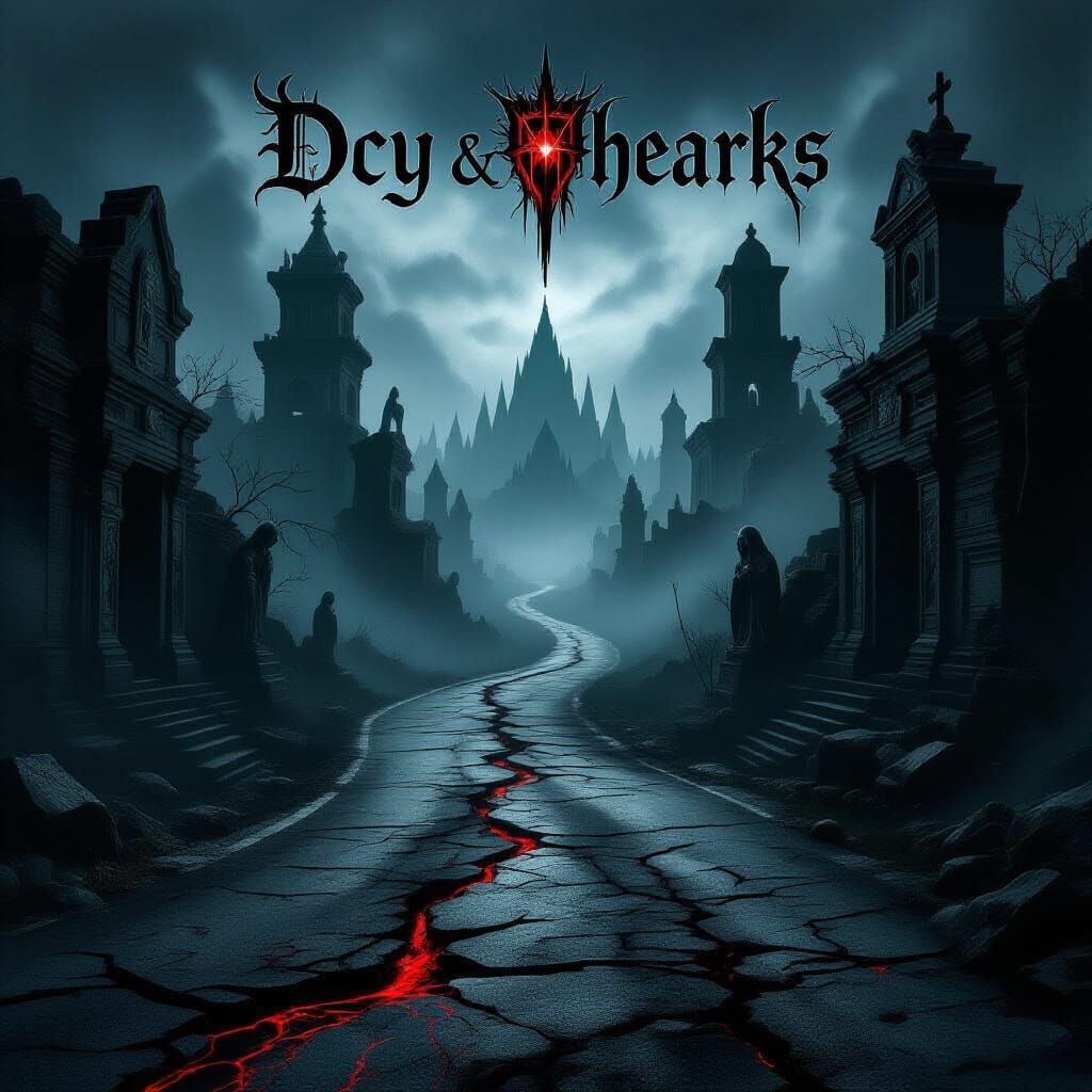 Gothic Book Cover with Shadowy Road and Ruins