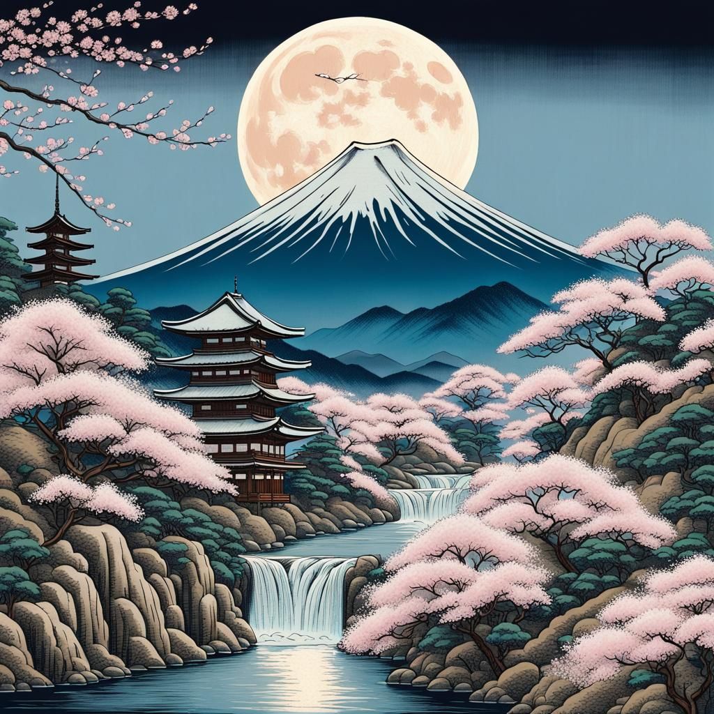 Moonlit Mountain Landscape in Japanese Woodblock Style