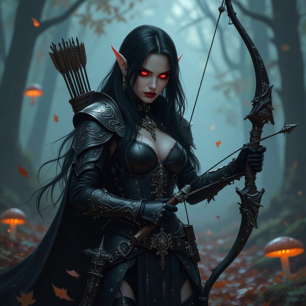 Gothic Elf Huntress in Dark Forest, Warhammer 40K Style